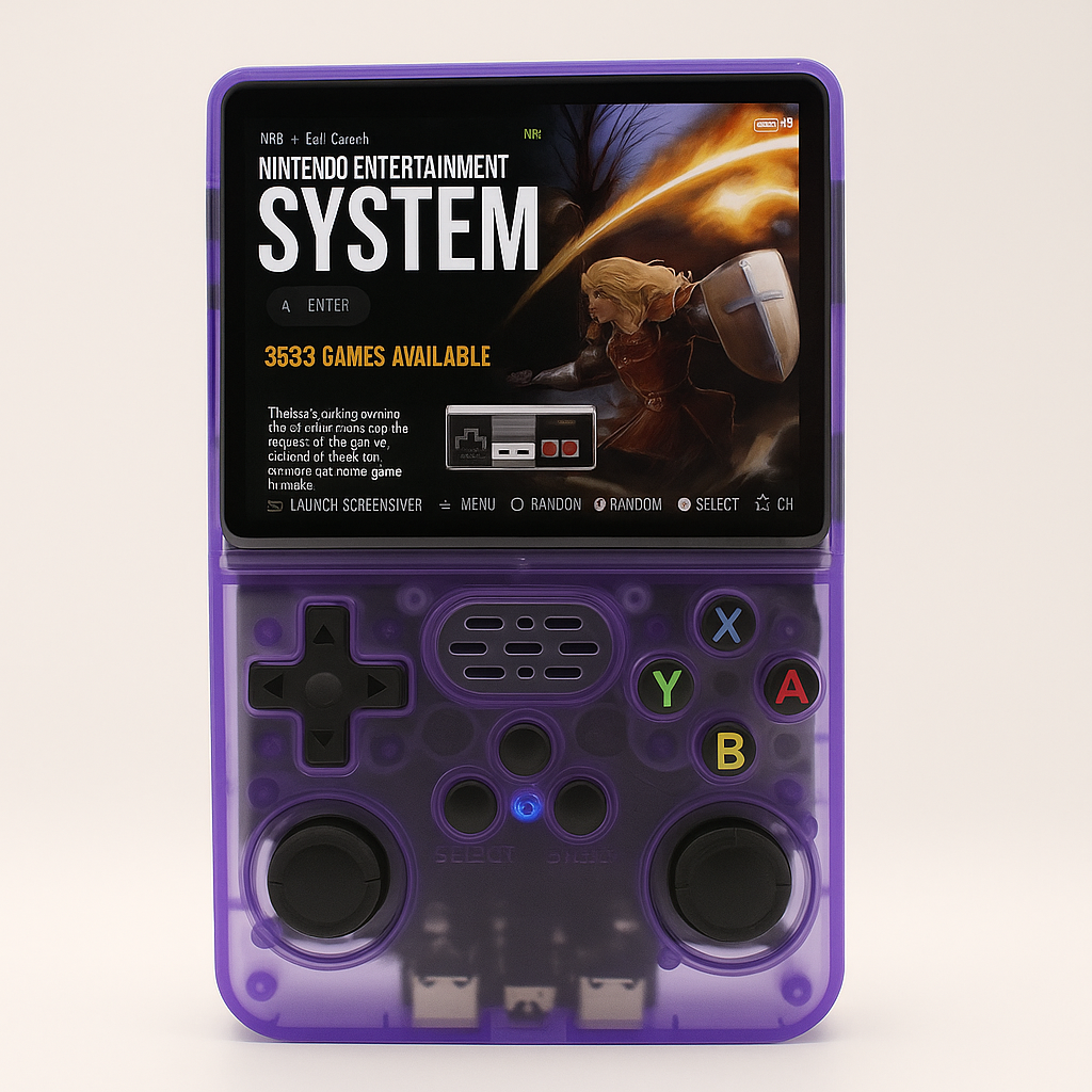PixelGears Retro Bundle håndholdt konsol med et klassisk design og moderne funktioner, der fremviser Nintendo Entertainment System-brugerfladen.