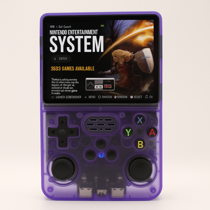 PixelGears Retro Bundle håndholdt konsol med et klassisk design og moderne funktioner, der fremviser Nintendo Entertainment System-brugerfladen.