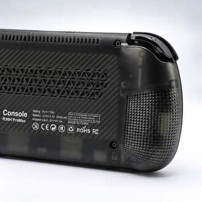 håndholdt spillekonsol R36H Pro Max bagside med tekniske specifikationer og design