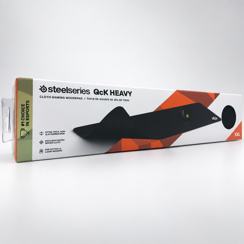 SteelSeries QcK Heavy XXL musemåtte emballage med sort design og information om produktet.