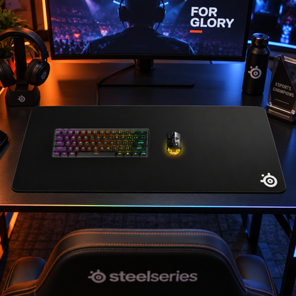 SteelSeries QcK Heavy XXL musemåtte med tastatur og mus i spilleropsætning.