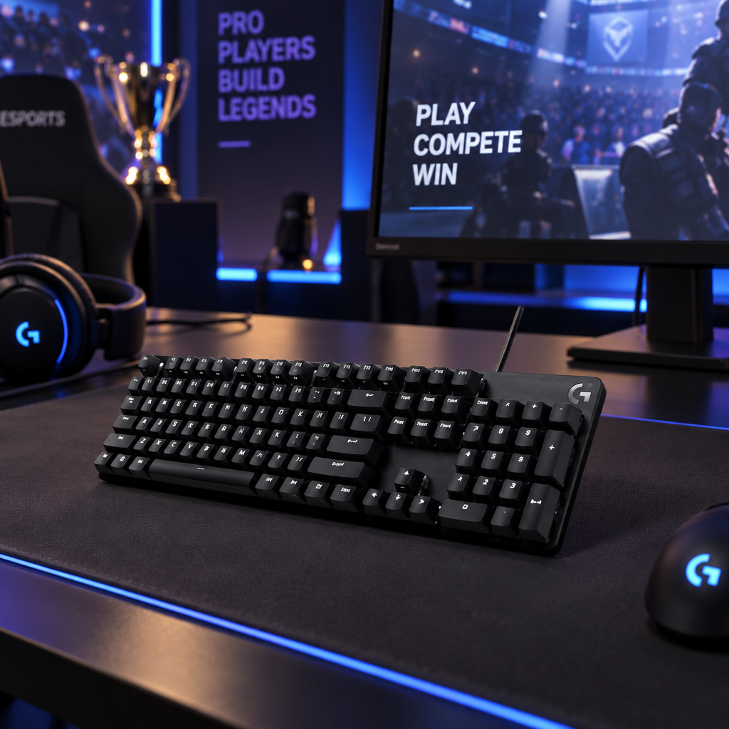 Logitech G413 SE mekanisk tastatur kablet på skrivebord med gaming-udstyr