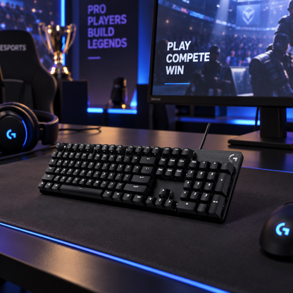 Logitech G413 SE mekanisk tastatur kablet på skrivebord med gaming-udstyr