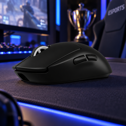 trådløs gaming mus Logitech G PRO X SUPERLIGHT 2 set i e-sport gaming miljø med blåt lys