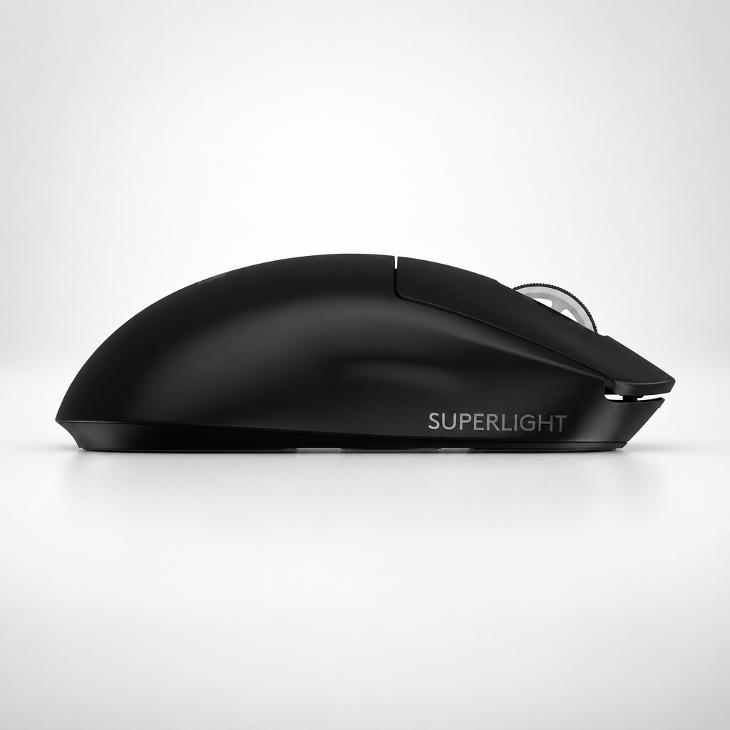 trådløs gaming mus Logitech G PRO X SUPERLIGHT 2 set fra siden med glat overflade og rullehjul.