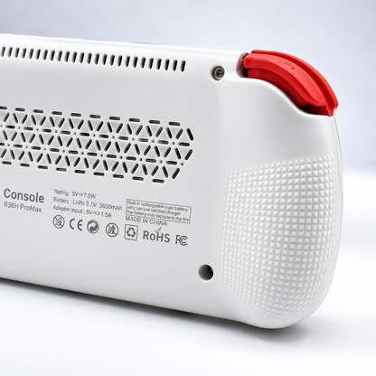 Bagview af håndholdt spillekonsol R36H Pro Max med detaljer om batteri og tilslutning.