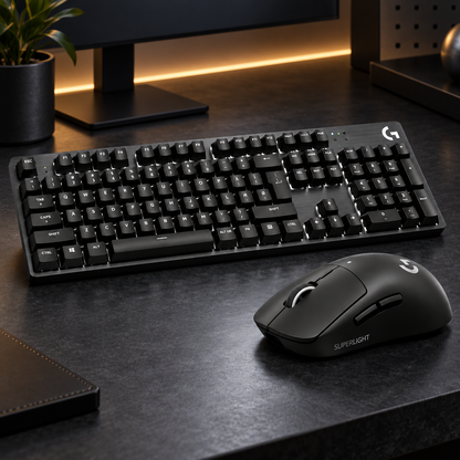 Logitech G gaming performance bundle featuring a keyboard and mouse on a desk setup.